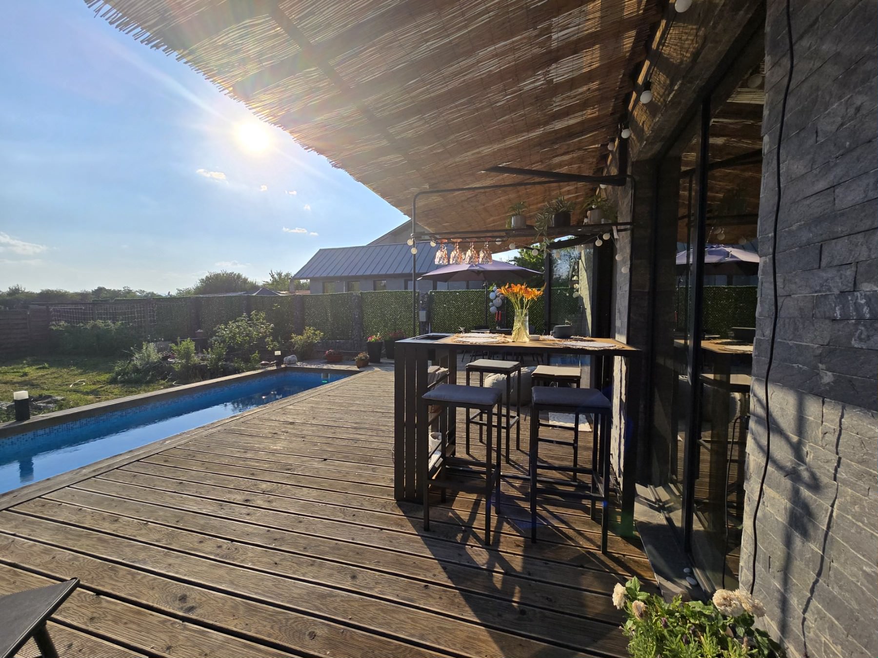Private heated pool at Villa Luna with bamboo pergola